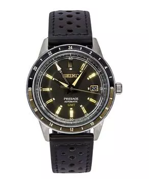 Seiko Presage Style60 s GMT Ремешок из телячьей кожи с черным циферблатом Автоматические мужские часы SSK013J1