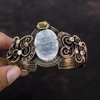 Selenite Druzy Браслет-манжета Регулируемый браслет с драгоценными камнями Медная проволока Браслет-манжета с оберткой из цветка ручной работы Медные украшения для подарков