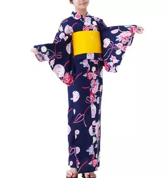 Separate Set with 140 Junior Dark Blue x Yellow [Yurakuan] Children s Yukata, Girls Obi, (22 Obi, 140)