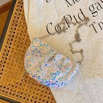 Sequin Fashion Chain Small Bag Women S Folded Women S Bag Spring Dumpling Bag Women S бежевый