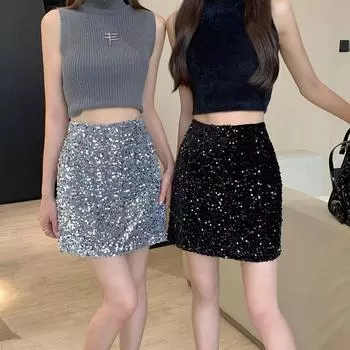 Sequin Half Skirt Short Half Skirt Underskirt Sequin Skirt Elegant Wedding XL серебряный