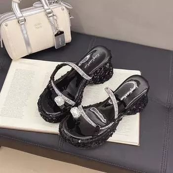 Sequined wedged slippers femininity thick-soled outer wear summer small man set toe rhinestone cold slippers 34
