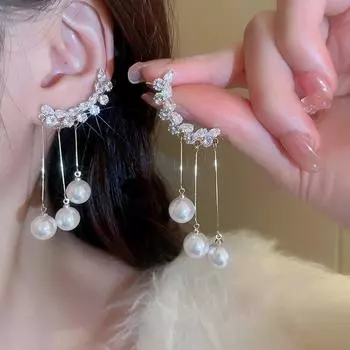 Серьга с длинным жемчугом и бахромой