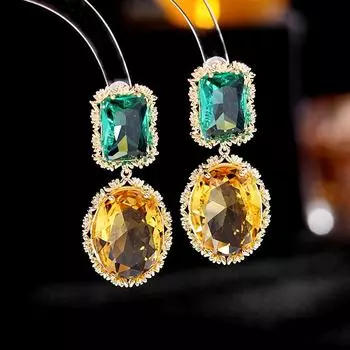 Серьги 2024, трендовые серьги с цветными кристаллами в тяжелой промышленности, простые серьги, модные серьги с сохранением цвета, популярные серьги с геометрическим цирконием жёлтый/зелёный