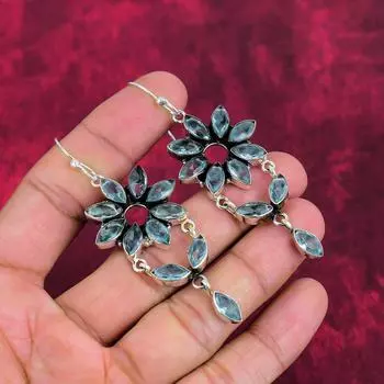 Серьги Aqua Apatite, 925 пробы цельные серебряные серьги, ювелирные изделия ручной работы с драгоценными камнями, подарки для жены, абсолютно новые серьги 3.03 Inches синий