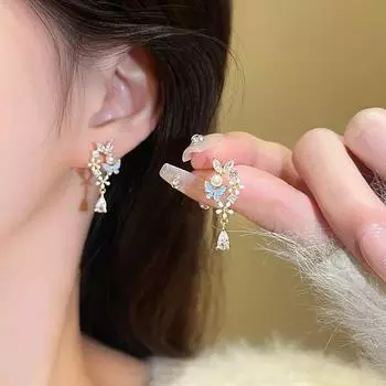 Серьги-бабочки из серебра 925 пробы с цирконами - легкая роскошь, нишевый, свежий дизайн PD005 золотой