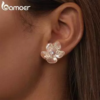 Серьги BAMOER Chic Flower с бутоном из стерлингового серебра 925 пробы и фианитами, великолепные серьги-гвоздики в стиле бохо для сестры, мамы, возлюбленной и подруги 2.5*2.1cm серебряный