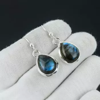 Серьги Blue Fire с лабрадоритом, серьги из стерлингового серебра 925 пробы, красивые серьги с драгоценными камнями и кабошонами, серьги на день рождения, подарок для нее для женщин 1.77 синий