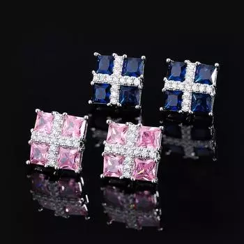 Серьги Colored Treasure, Благородная атмосфера, Серьги с синим корундом, Женственность, Роскошь знаменитостей, Серьги-гвоздики с розовыми бриллиантами Tide
