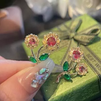 Серьги Fresh Mori, темпераментные, с цветком из циркона, маленькие женские серьги, женские, с цветным цирконием, 18-каратное золото красный