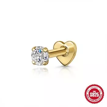 Серьги-гвоздики для прокола хряща с плоской головкой, внутренней резьбой, конским глазом, бриллиантами и инкрустацией из стерлингового серебра 925 пробы