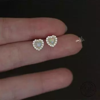 Серьги-гвоздики из корейского серебра 925 пробы с микро-инкрустацией кристаллами и опалом в форме сердца, позолоченные 14-каратным золотом, женские простые украшения для вечеринок золотой
