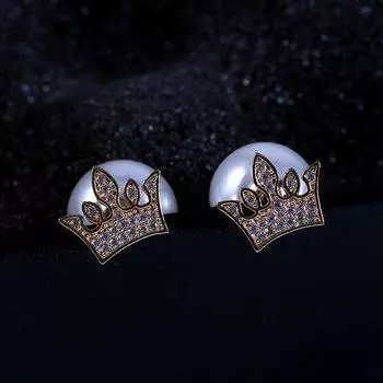 Серьги-гвоздики из серебра 925 пробы золотого цвета с мозаикой и кубическим цирконием, жемчужные двусторонние серьги, ювелирные изделия для женщин