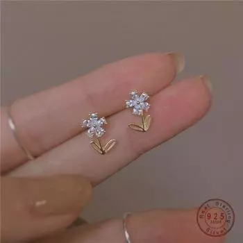 Серьги-гвоздики из стерлингового серебра 925 пробы с простым корейским кристаллом и цветочным покрытием из 14-каратного золота для женщин, модные классические ювелирные изделия для свадебного подарка золотой
