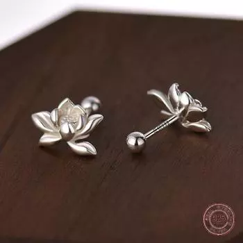Серьги-гвоздики из стерлингового серебра 925 пробы с цветком лотоса для женщин, винтажные мини-серьги в корейском стиле, ювелирные изделия для пирсинга, бесплатная доставка
