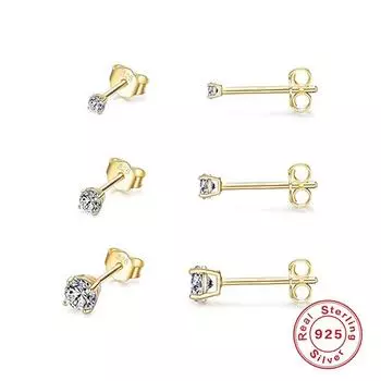 Серьги-гвоздики из стерлингового серебра S925, простые, с французскими бриллиантами, маленькие, мини-серьги-гвоздики, 3 комплекта сережек 925 silver