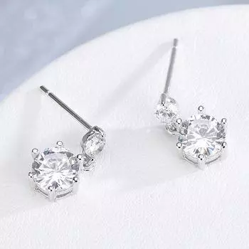 Серьги-гвоздики из стерлингового серебра S925 с двумя бриллиантами и шестью когтями. Женские серьги в корейском стиле с бриллиантами, персонализированные, универсальные, гипоаллергенные. 925