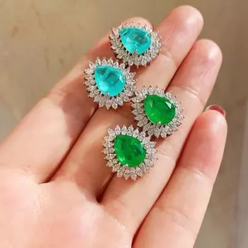 Серьги-гвоздики Paraiba water drop из серебра 925 пробы с изумрудами, слегка инкрустированными имитацией бриллианта, легкие серьги