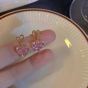 Серьги-гвоздики Pink Love Zircon, модные, темпераментные, легкие, роскошные, в форме сердца, серьги для поездок на работу
