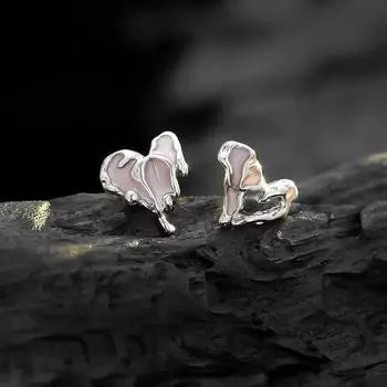 Серьги-гвоздики S999 Pure Silver Earing Lava Asymmetric Love Pink, серьги Sweet Grace Cool Design из стерлингового серебра