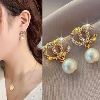 Серьги-гвоздики с бриллиантами и жемчугом Xiaoxiangfeng Nair Double C, корейский темперамент, модные индивидуальные серьги для женщин