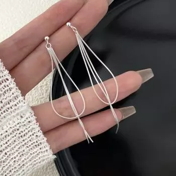 Серьги-гвоздики с цепочкой и кисточками в виде змеиных костей из стерлингового серебра 925 пробы для женщин, утонченные длинные серьги для похудения в форме квадратного и круглого лица, серьги в стиле «мороз» серебряный
