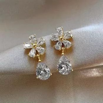 Серьги-гвоздики с каплями воды и цветами, роскошные ретро-серьги со стразами, женские корейские серьги высокого класса