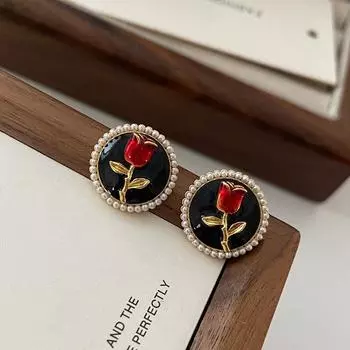 Серьги-гвоздики с красными розами из Анкары, французские ретро-серьги в стиле темперамента, женские праздничные высококачественные серьги в стиле Хепберн с капельной глазурью