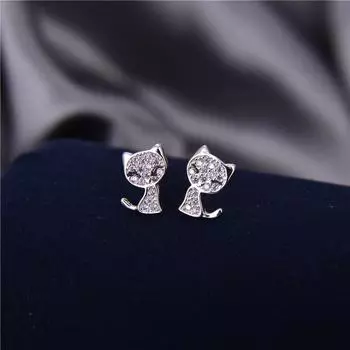 Серьги-гвоздики с розовыми бриллиантами из стерлингового серебра 925 пробы в виде кошки, симпатичные серьги-гвоздики для девочек, женские ювелирные украшения, подарок на день рождения, аксессуары белый