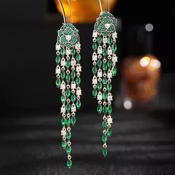 Серьги Heavy Industry Color Zirconie Flower Серьги 925 Silver Needle Long Tassel Temperament Dinner Camellia Серьги Для Женщин зелёный