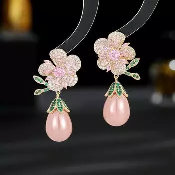 Серьги-игл из серебра 925 пробы, элегантные серьги-гвоздики из серебра 925 пробы, серьги-цветы из циркония и жемчуга в форме капли воды фиолетовый