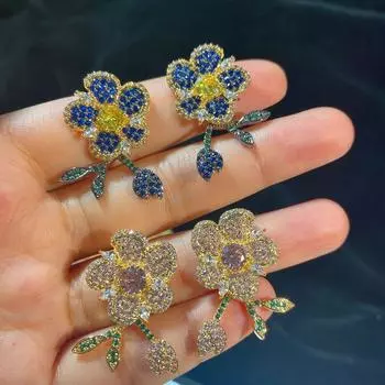 Серьги-иглы из серебра 925 пробы, цветные серьги с фианитом, умные серьги с листьями, темпераментные серьги для женщин, серьги с цветами, свадебные подарки синий