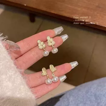 Серьги-иглы из серебра 925 пробы с корейским цветочным жемчугом — модные, простые, универсальные, элегантные женские аксессуары
