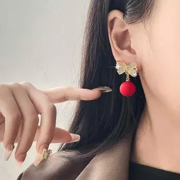 Серьги-иглы из серебра 925 пробы с красным жемчугом и бриллиантами — нишевый дизайн, легкая роскошь, рождественский европейский и американский стиль Pearl Diamond розовый