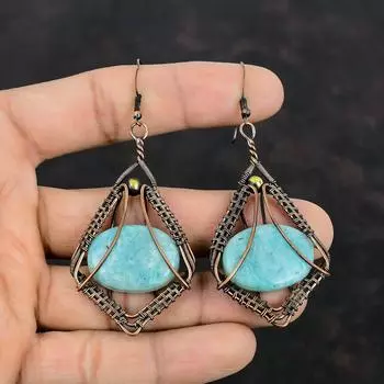 Серьги из амазонита, серьги из медной проволоки, драгоценные камни, элегантные серьги ручной работы, старинные медные украшения, подарки для матери, украшения из камня по рождению