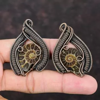 Серьги из аммонита ископаемой меди, медная проволока, обернутые серьги, изысканный драгоценный камень, серьги ручной работы, уникальный медный дизайн, ювелирные серьги для женщин