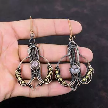 Серьги из ботсванского агата, серьги из медной проволоки с драгоценными камнями, медные украшения, серьги ручной работы, подарок на годовщину, потрясающие серьги, проволочные украшения