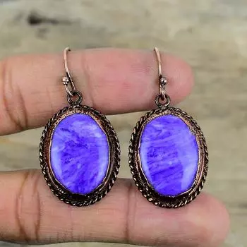 Серьги из чароита, медные серьги, изготовленные методом электроформовки, ювелирные изделия ручной работы, оригинальные серьги с драгоценными камнями, висячие серьги, уникальные медные украшения, свадебные подарки
