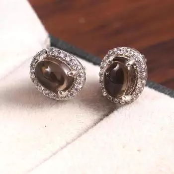 Серьги из дымчатого кварца, серьги-гвоздики, простые серьги-ореолы, ювелирные серьги, серьги в стиле ар-деко, серебро 925 пробы, мама, жена, подарок ей чёрный