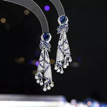 Серьги из французского шелка Heavy Industry Color Light Luxury High Temperament Осень-зима Цирконовые украшения Серебряные игольчатые серьги с кисточками для женщин