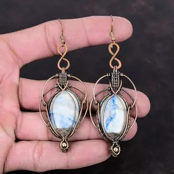 Серьги из голубого шеелита, серьги из медной проволоки, оригинальные драгоценные камни, серьги ручной работы, медные украшения, подарок для нее, дизайнерские серьги