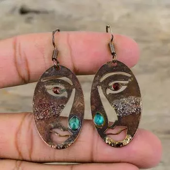 Серьги из хромированного диопсида, серьги из мозамбикского граната, гальванопластические медные серьги, драгоценные камни, медные украшения, ручная работа, серьги в виде лица, подарок для женщин