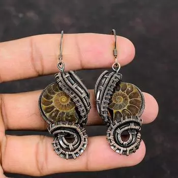 Серьги из ископаемого аммонита, серьги из медной проволоки, ювелирные изделия ручной работы, серьги из натурального драгоценного камня, серьги последнего дизайна, медные украшения для подарка