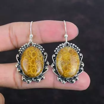 Серьги из ископаемого коралла, серьги ручной работы, антикварные украшения, серьги из стерлингового серебра 925 пробы, ювелирные изделия из ископаемого коралла, подарки для нее, украшения в стиле бохо