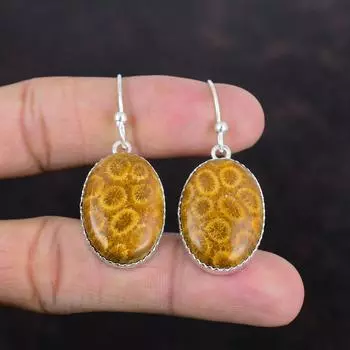 Серьги из ископаемого коралла, серебряные серьги 925 пробы, элегантные ювелирные изделия, серьги из натурального драгоценного камня, ювелирные изделия из ископаемого коралла, серьги ручной работы, свадебный подарок