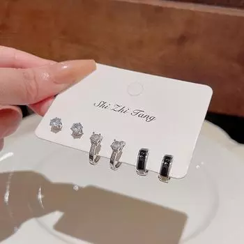 Серьги из корейского серебра S925 с цирконием, черной глазурью и пряжкой E5829 серебряный