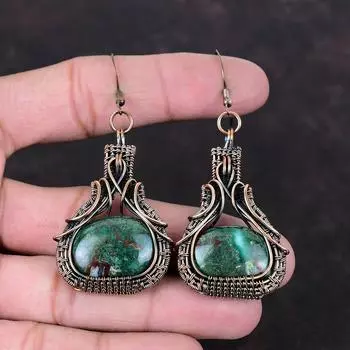 Серьги из куприта и хризоколлы, серьги из медной проволоки, серьги ручной работы, медные украшения, серьги из драгоценных камней, украшения в виде проволоки, подарок для матери