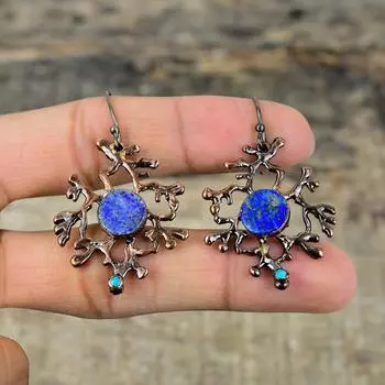 Серьги из лазурита, медные серьги, полученные электроформованием, серьги из бирюзы Аризоны, ювелирные изделия из драгоценных камней, серьги ручной работы, ювелирные изделия из меди, изготовленные методом гальванопластики