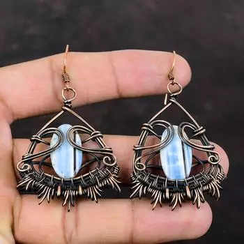Серьги из меди Owyhee Blue Opal, медная проволочная обернутая серьга, уникальные ювелирные изделия, изящные серьги с драгоценными камнями, серьги ручной работы, медные ювелирные изделия для подарка
