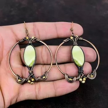 Серьги из меди серпентин, серьги из медной проволоки, драгоценные камни, женские серьги, ювелирные изделия из медной проволоки, уникальные серьги ручной работы, подарок для нее